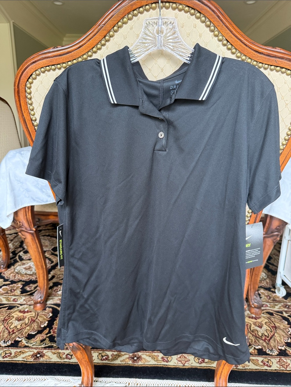 NEW Nike Women’s Black Dri-Fit Polo with White Striped Collar. Size Large
